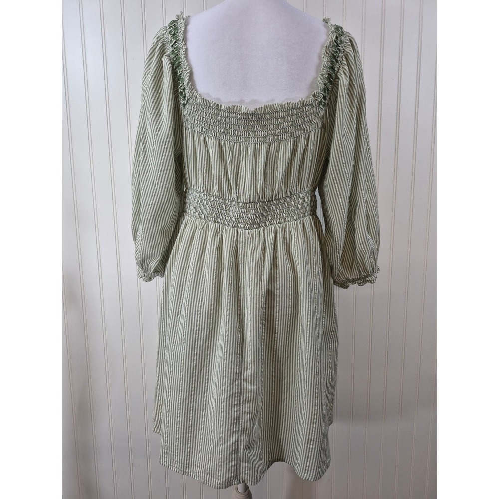 American Eagle Green Stripe Embroidered Cottagecore Puff Sleeve Mini Dress Large - Picture 2 of 10